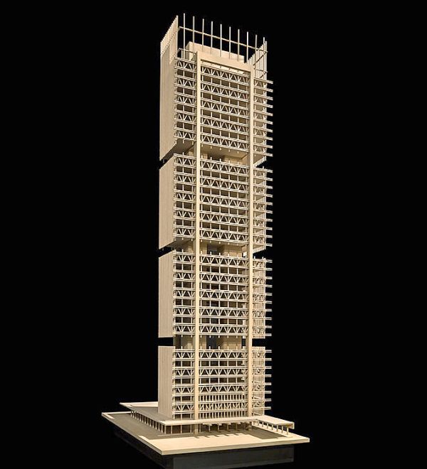 Projeção da estrutura de madeira do prédio, que será sustentada por grandes pilares de concreto